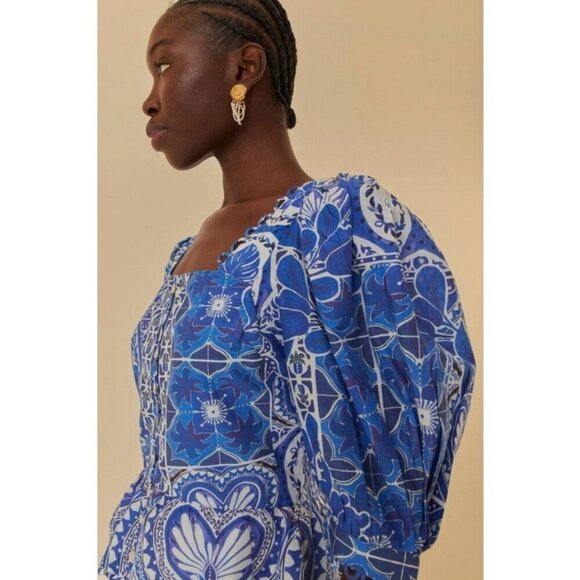 💕FARM RIO💕 Blue Tile Dream Short Sleeve Blouse ~ Floral Large L NWT *DAMAGED* - Picture 3 of 16